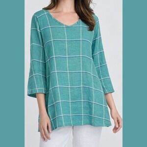 FLAX Dreamy Top Womens Large Linen Tunic Top 3/4 Sleeve Plaid V-Neck Lagenlook